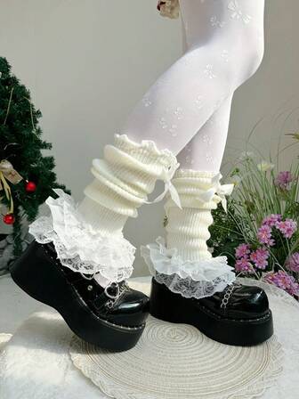 Fairycore 1 Paio Di Carini Scaldamuscoli Bianchi A Maglia, Scaldamuscoli Primaverili Multistrato Con Fiocco In Pizzo