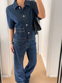 Siren Gaze 女士休闲通勤条纹上衣和牛仔裤套装 - 深色水洗藍 - 查看 2