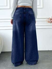 EURMUSE PLUS SIZE DENIM BAGGY WIDE LEG MID WAIST JEANS - Dusty Blue - View 2