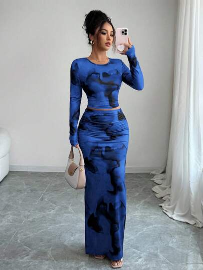 Elenzga 2pcs/Set Women's Fashion Round Neck Elegant Tight Asymmetrical Tie Dye Pattern Long Sleeve T-Shirt, Tight Fitting Tie Dye Pattern Maxi Skirt Set