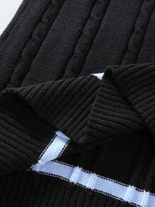 Claim Dot 男士休闲学院风撞色条纹 V 领宽松麻花针织毛衣背心，秋冬 - 黑色 - 查看 6