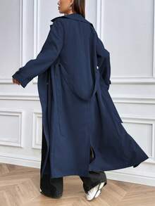 EMERY ROSE 女式休闲日常双排扣翻领风衣，秋季 - 藍色 - 查看 2