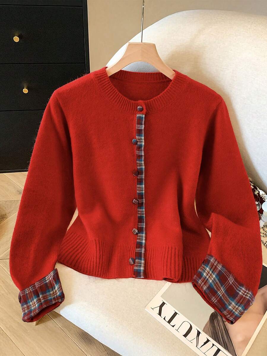 Franclia French Round Neck Plaid Patchwork Regular Cardigan For Women, Autumn/Winter Fashionable Casual Red Plaid Crew Neck Cardigan, Button-Down Long-Sleeve Cardigan, Casual New Year, Back-To-School Season, For Going Out, Winter, Everyday Home Wear, Red Plaid Cuffs Red Top - Red - View 1