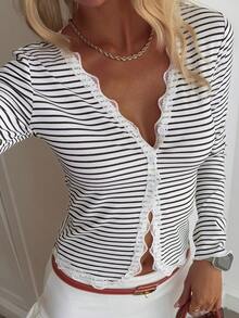 DAZY Striped Lace Ruffle Trim Fitted Cardigan For Women Long Sleeve Women