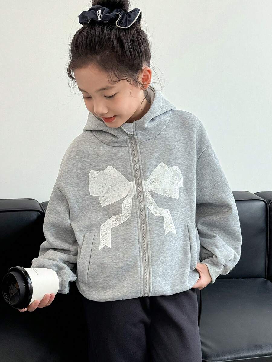 Genkimix Kids 少女蝴蝶印花长袖拉链连帽夹克，秋季休闲装 - 灰色 - 查看 1