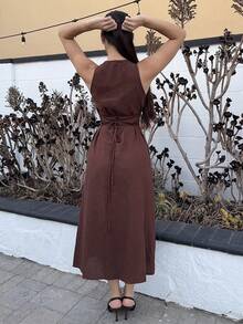 Andrea Bello Women's Round Neck, Single-Breasted, Sleeveless, Brown  Dress - Brown - View 2