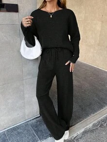 EURMUSE Women's Knitwear Co-Ords With Stitch Detail - Black - View 5