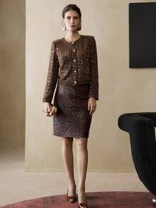 Arave 女式休闲圆领亮片装饰长袖针织夹克，适合工作和休闲，春秋季 - 咖啡棕 - 查看 3