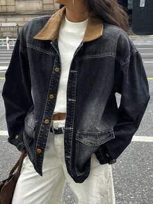 DAZY 女式撞色领口纽扣休闲长袖牛仔夹克 - 深色水洗藍 - 查看 2