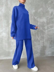 EURMUSE Của phụ nữ Một nửa Cổ cao Thả vai Sọc Áo len Và Quần Hai chiếc Bộ - Xanh đậm - Xem 5