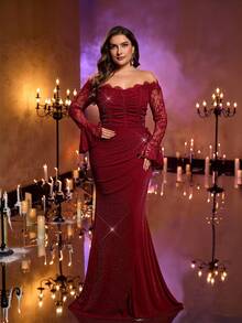 Glamrae Plus Size Elegant Sexy Red Off-The-Shoulder Lace Trim Long Sleeves Sheer Lace Patchwork Ruffle Waist Mermaid Hem Suitable For Wedding Party Celebration Formal Event Dinner Dress (Heavy Embellished Design)