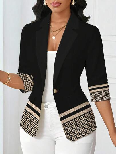 SHEIN Lady 优雅感恩节新年黑色圣诞节女士秋季服装 女士冬季服装 女士正装 万圣节加大码薄款西装 女士西装外套 女士西装外套 女士长袖开衫西装外套 热销时尚秋季艺术印花设计休闲通勤女士长袖开衫带绒毛 女士西装外套 休闲女士长袖开衫艺术印花设计西装开衫