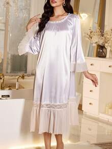 LuxeNights 成熟优雅撞色蕾丝缎面女士睡袍，冬季 - 白色 - 查看 3