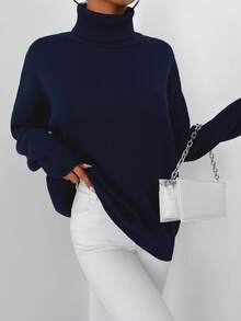 EURMUSE Women's Casual Solid Color Dropped Shoulder Turtleneck Sweater, Winter - Navy Blue - View 4