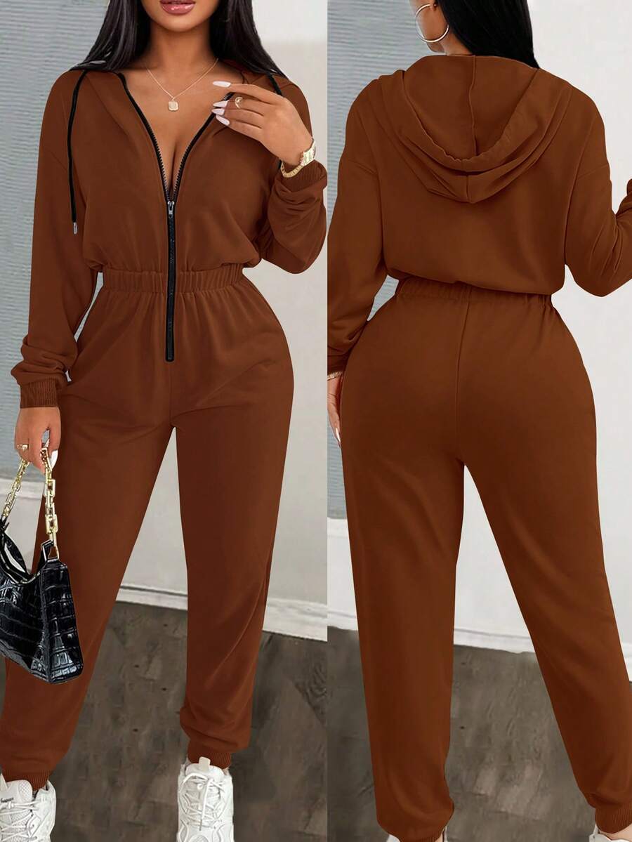 Zolique Women's Casual Sports Style Everyday Commute Contrast Color Drawstring Hooded Zip-Up Jumpsuit, Spring/Autumn - Coffee Brown - View 1