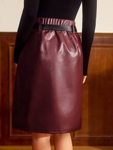 Vintamour 复古优雅女士口袋腰部PU皮革紧身迷你裙，休闲办公假日穿着，适合冬季圣诞节新年感恩节等节日穿着。 - 酒紅色 - 查看 6