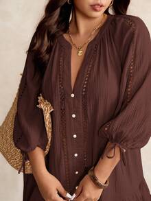 Elaquor Plus Size Casual Solid Color Notched Neck Lantern Sleeve Dress Brown/ Spring To Summer - Brown - View 5
