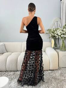 Lavishia Women's Velvet Patchwork Mesh Dress, Suitable For Party, Gathering, Christmas, New Year Sexy Dress Elegant Dresses For Party Sexy Dress Black Dress Luxury Evening Dresses For Women Halloween Winter Clothes,Party Dresses For Women,Party Dresses For Women,Christmas Party Dress - Black - View 2