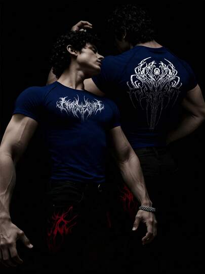 RISE LYT Men's Graphic Print Round Neck Short Sleeve Sports T-Shirt, Summer Compression Shirt Men