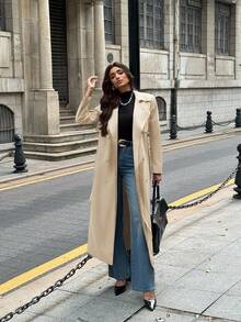 Firerie Women's Elegant Everyday Casual Commuting Office Fashion Navy Blue Long Sleeve Double-Breasted Pocket Cinched Waist Long Trench Coat, Autumn - Beige - View 2