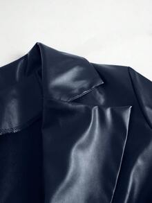 SHEIN Clasi 大码女式纯色双排扣长袖皮夹克，修身机车外套，适合秋冬季 - 藏蓝色 - 查看 4