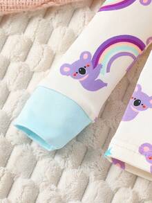 Set pigiama aderente per bambine/ragazze, base crema con stampa di orsetti arcobaleno viola, top a maniche lunghe e pantaloni abbinati, polsini e colletto a costine colorati, adatto per autunno/inverno - Multicolore - Visualizzare 7