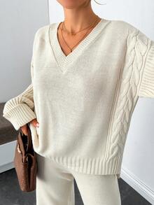 EURMUSE 休闲纯色 V 领罗纹针织图案落肩宽松毛衣和阔腿高腰针织裤两件套针织套装，适合秋冬装 - 米色 - 查看 7