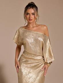 SHEIN BAE Áo kiểu nữ màu vàng đồng trơn, chất liệu cao cấp, họa tiết vàng, kiểu vai lệch, thích hợp cho tiệc tùng, đi chơi đêm, phong cách cổ điển, công sở, trang phục công sở thường ngày, ngày lễ tình nhân. - Vàng - Xem 4