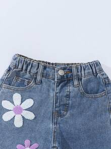 90年代风格少女花卉植绒口袋阔腿宽松休闲牛仔裤 - 藍色 - 查看 7