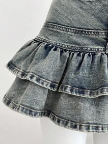 Elamini 女士时尚牛仔半身裙，腰部纽扣设计，双褶边下摆 - 深色水洗藍 - 查看 7