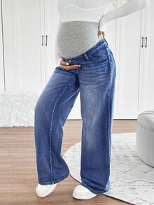 SHEIN 孕妇针织腰部支撑蓝色牛仔宽松直筒裤