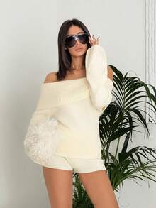 Ronhire 露肩翻领毛衣、长袖上衣 - 米色 - 查看 5