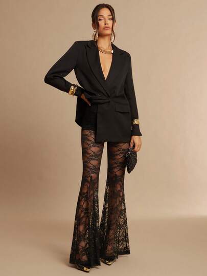 Silquee Autumn And Winter Fashion Transparent Black Lace Flared Pants, Wear With A Suit Jacket, Sexy, Suitable For Music Festivals, Carnivals And Holidays, Valentine's Day, Christmas Clothing, Dating/Outing/Nightclub Party/Gathering Flared Pants Transparent Pants Black Flared Pants,Black Pant