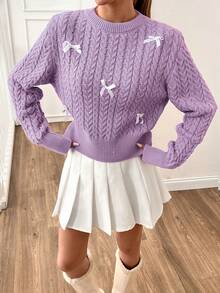 EURMUSE Women Round Neck 3d Ribbon Detailed Cute Textured Sweater Pullover - Lilac Purple - View 6