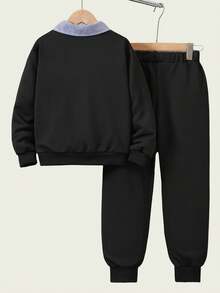 SHEIN Explorewe Set 2 buc. tricou polo și hanorac cu guler albastru cu dungi pentru băieți, potrivit pentru ținute casual în aer liber de toamnă/iarnă - Negru - Vizualizare 2
