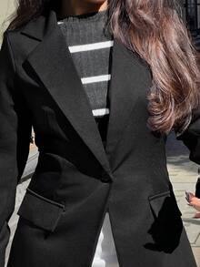 NegzBox Fitted Solid Color Casual Blazer For Women, Suitable For Commuting Fall Cloth For Women - Black - View 3