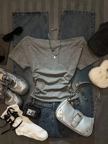 Attitoon 女士休闲复古风格蝴蝶涂鸦哥特字母印花腰部褶饰露肩紧身短袖 T 恤，适合初秋，百搭风格，复古，性感，可爱，Y2K，椰子女孩，波西米亚风，嬉皮士，音乐节，适合秋冬 - 淺灰色 - 查看 2