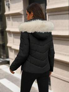 SHEIN 拉鍊前開襟毛絨裝飾連帽加厚外套 冬季 - 黑色 - 查看 2