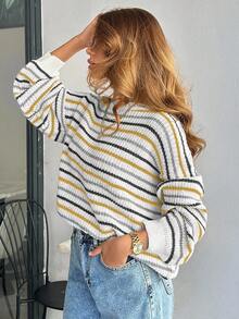 EURMUSE Women Stripe Pattern Round Neck Drop Shoulder Pullover - Multicolor - View 7