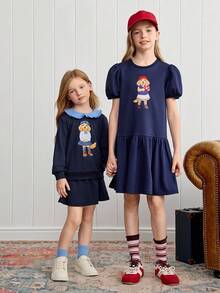 Joliand Joliand 1pc Tween Girls Elegant School Style Casual Urban Cute Puppy Pattern Navy Blue Puff Sleeve Round Neck Dress, Suitable For Outings, Gatherings, Back To School, Summer, Autumn Girl Navy Dress Girls Jersey Dress Dog Print Dress Girls Back To School Dress Girls Navy Blue Dress Back To School  School  Clothes School Supplies ColorfulJoy Backtoschool - Navy Blue - View 8
