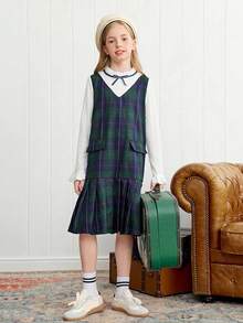 Joliand Joliand 1 件青少年女孩优雅学院风都市灰色几何提花拼布绿色格子立领荷叶边装饰褶皱连衣裙，适合旅行、派对、返校、秋冬 - 彩色 - 查看 5