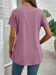 EMERY ROSE Women's Casual Daily Commute Simple Solid Color V-Neck Short Sleeve Loose T-Shirt, Summer - Mauve Purple - View 2