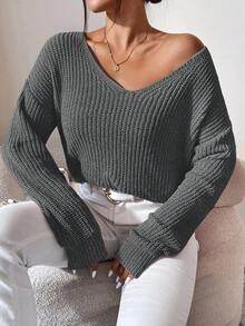 SHEIN Cottnline 女士v領下垂肩長袖套頭毛衣 - 深灰色 - 查看 4