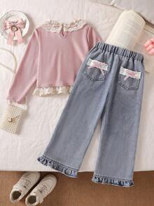 Genkimix Kids 年轻女孩蕾丝荷叶边长袖上衣和牛仔裤休闲装，秋季