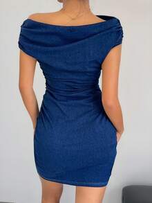 Siren Gaze 女士时尚通勤褶饰修身迷你牛仔连衣裙 - 深色水洗藍 - 查看 2