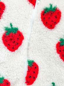 SHEIN Macacão com Capuz e Zíper de Fleece com Estampa de Morango para Meninas Bebê, com Laço Vermelho, Manga Longa, Uso Conveniente, Doce e Fofo, Adequado para Outono/Inverno - Multicolorido - Visão 7