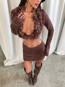 Aloruh Women's Autumn/Winter New 2-Piece Sweater Set, Multi-Color Striped Ombre Y2K Retro Romantic Sexy Cropped Top Long Sleeve Sweater + Low Waist Mini Skirt With Tassel Decor Brown Two Piece Set Latina Outfits Cozy Fall And Winter Clothes For Women - Multicolor - View 5