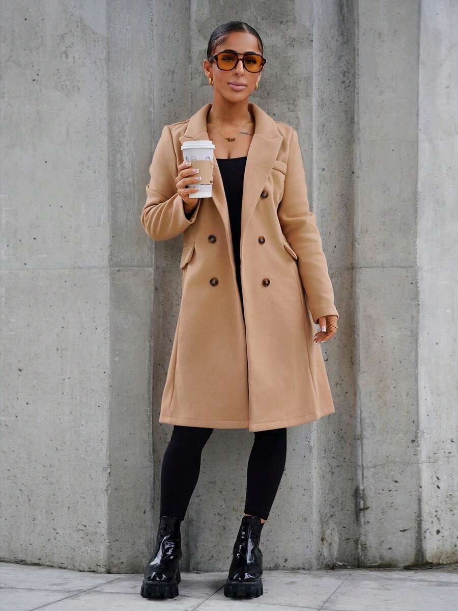 SAYEHFBABY Women's Double-Breasted Lapel Collar Woolen Coat Fall Winter Cloth For Women - Camel - View 1