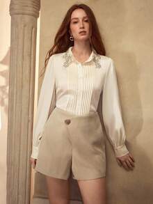 MOTF PREMIUM WOMEN'S ASYMMETRIC METAL BUCKLE DECOR VERSATILE SHORTS - Khaki - View 7