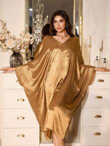 PalaceNights Elegante camisón largo con mangas de murciélago y cuello en V con patrón de encaje dorado, para invierno - Dorado - Ver 3